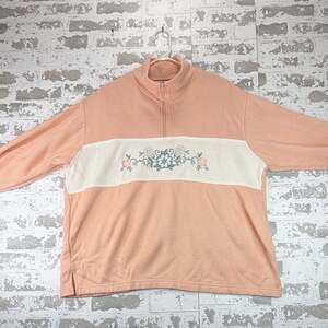 Vintage Carreau Sweatshirt Womens 1X Peach Floral Embroidered Quarter Zip Plus